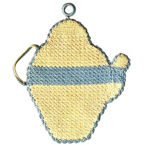 Hand Crocheted Teapot Potholder 8"X6.5" Cream & Blue Cottage Core Country Gift - Picture 2 of 5